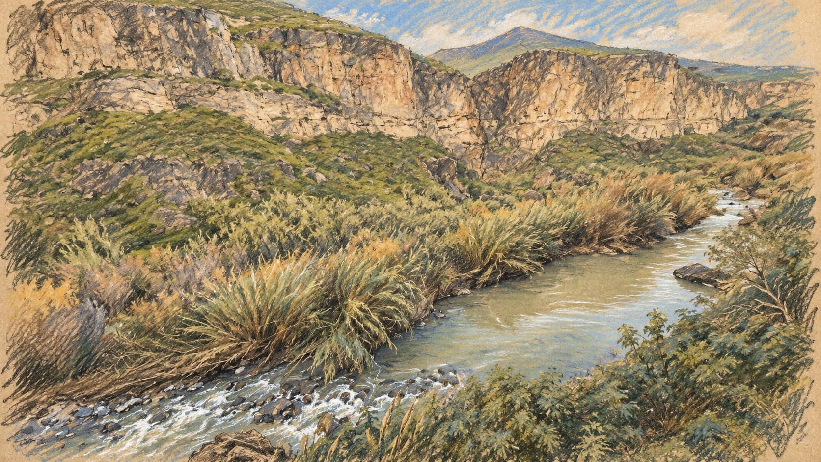 Courtroom-sketch editorial illustration of the Yarmouk River between reed beds and rocky canyon slopes, based on a January 2024 landscape; contextual geography, not the reported October 31 military convoy.
