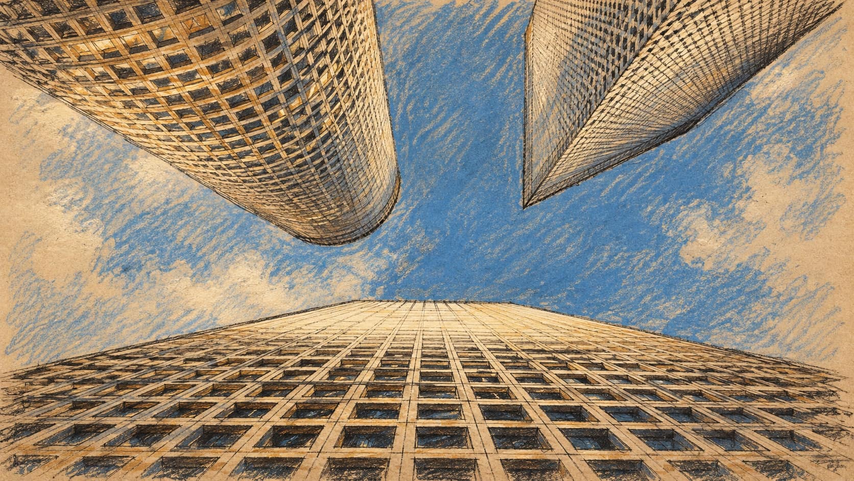 Courtroom-sketch editorial illustration of three Azrieli office towers viewed from below in an archival 2007 Tel Aviv scene, used as general financial context
