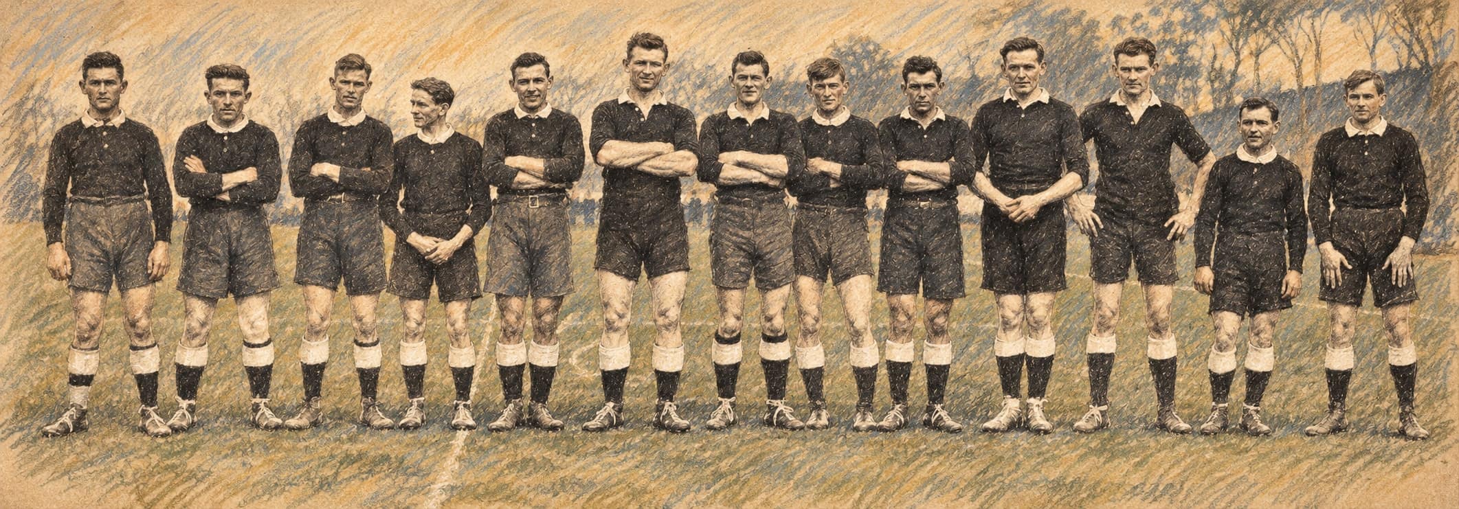 Courtroom-sketch editorial illustration of the archival 1921 New Zealand rugby league team standing in a row on a grassy field, rendered in warm ochre and slate-blue pastel strokes. Historical context for the national team, not a depiction of the 2026 World Cup match or its players.