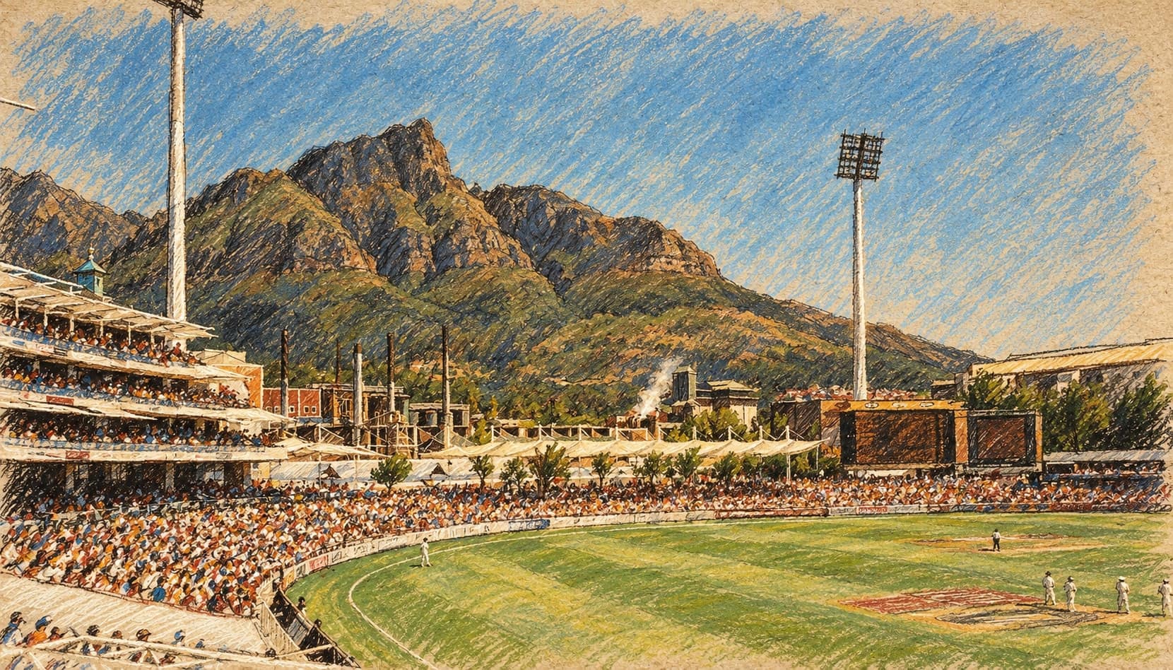 Courtroom-sketch editorial illustration of an archival Newlands Cricket Ground panorama with crowded stands, the cricket oval, floodlights and mountains, rendered in warm ochre and slate-blue pastel strokes. Contextual venue view uploaded in 2005, not a depiction of Rabada’s October 2026 milestone or current players.