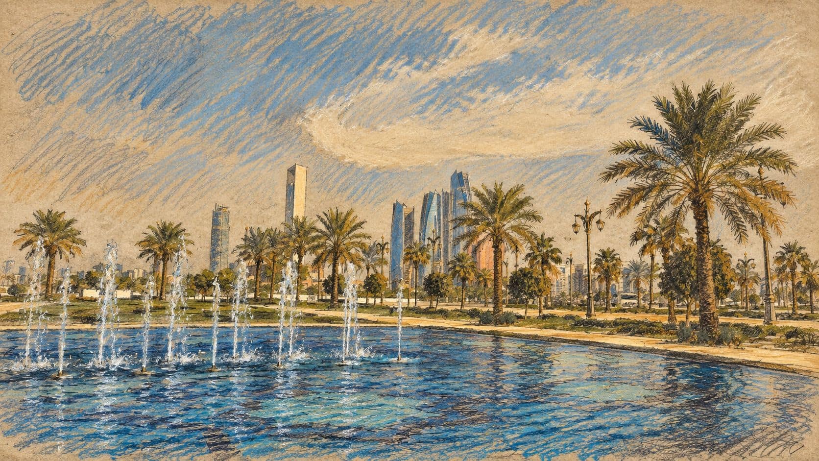 Courtroom-sketch editorial illustration of an archival 2023 Abu Dhabi cityscape with fountains, palms and towers, used as location context for the judo tournament