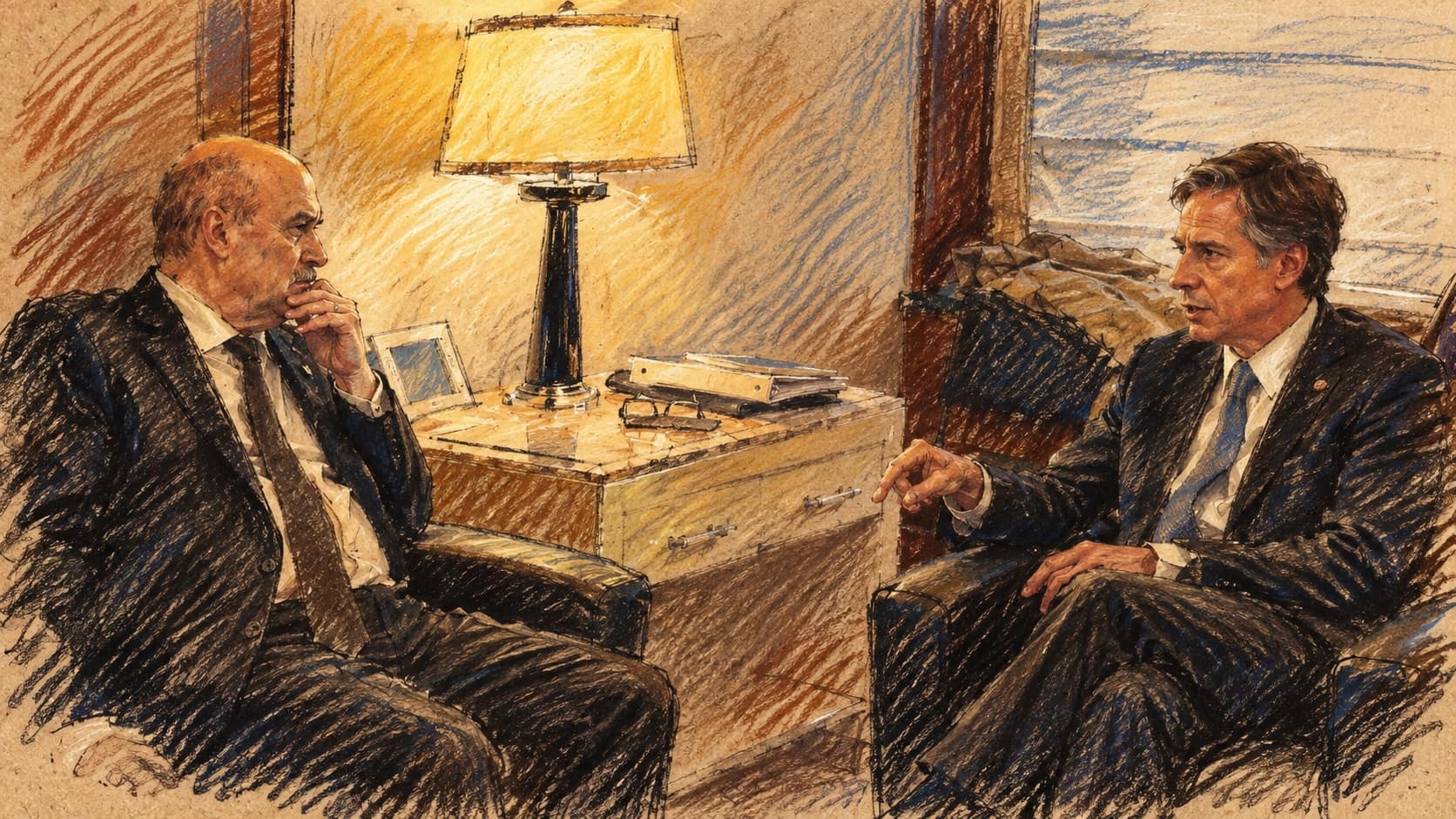 Courtroom-sketch editorial illustration of Feridun Sinirlioğlu, left, meeting Antony Blinken in New York in September 2016, used as archival diplomatic context.