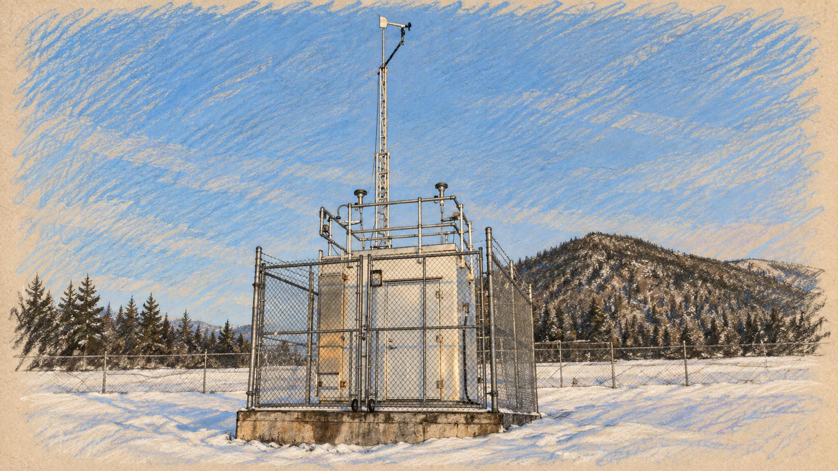 Courtroom-sketch editorial illustration of an air-monitoring station in Port Edward, British Columbia, from a December 2025 photograph; archival equipment context, not the reported location or air-quality readings.