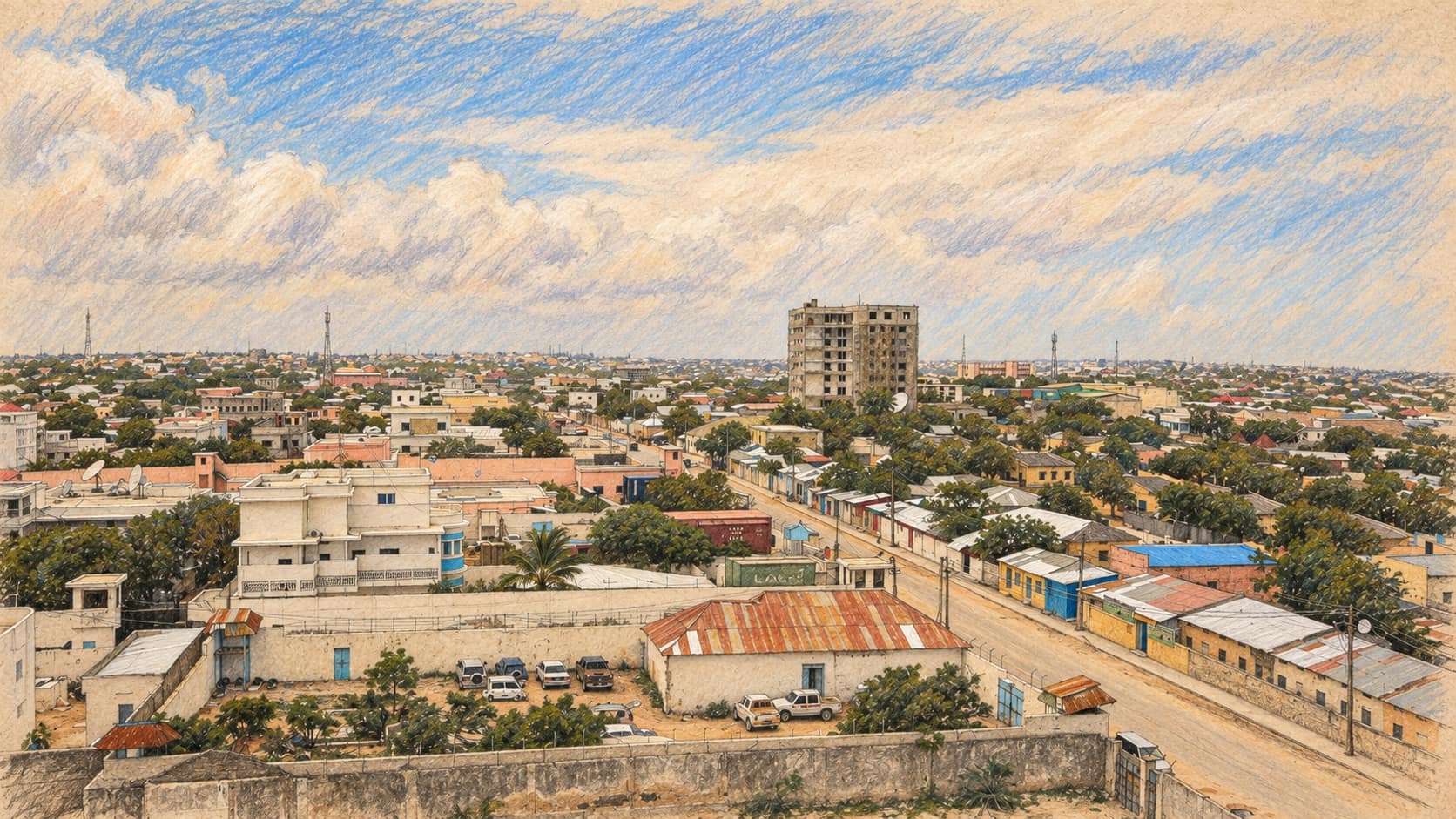 Courtroom-sketch editorial illustration of Mogadishu from an August 2013 photograph. Archival Somali capital context, not the reported protests in Gedo or an alleged strike.