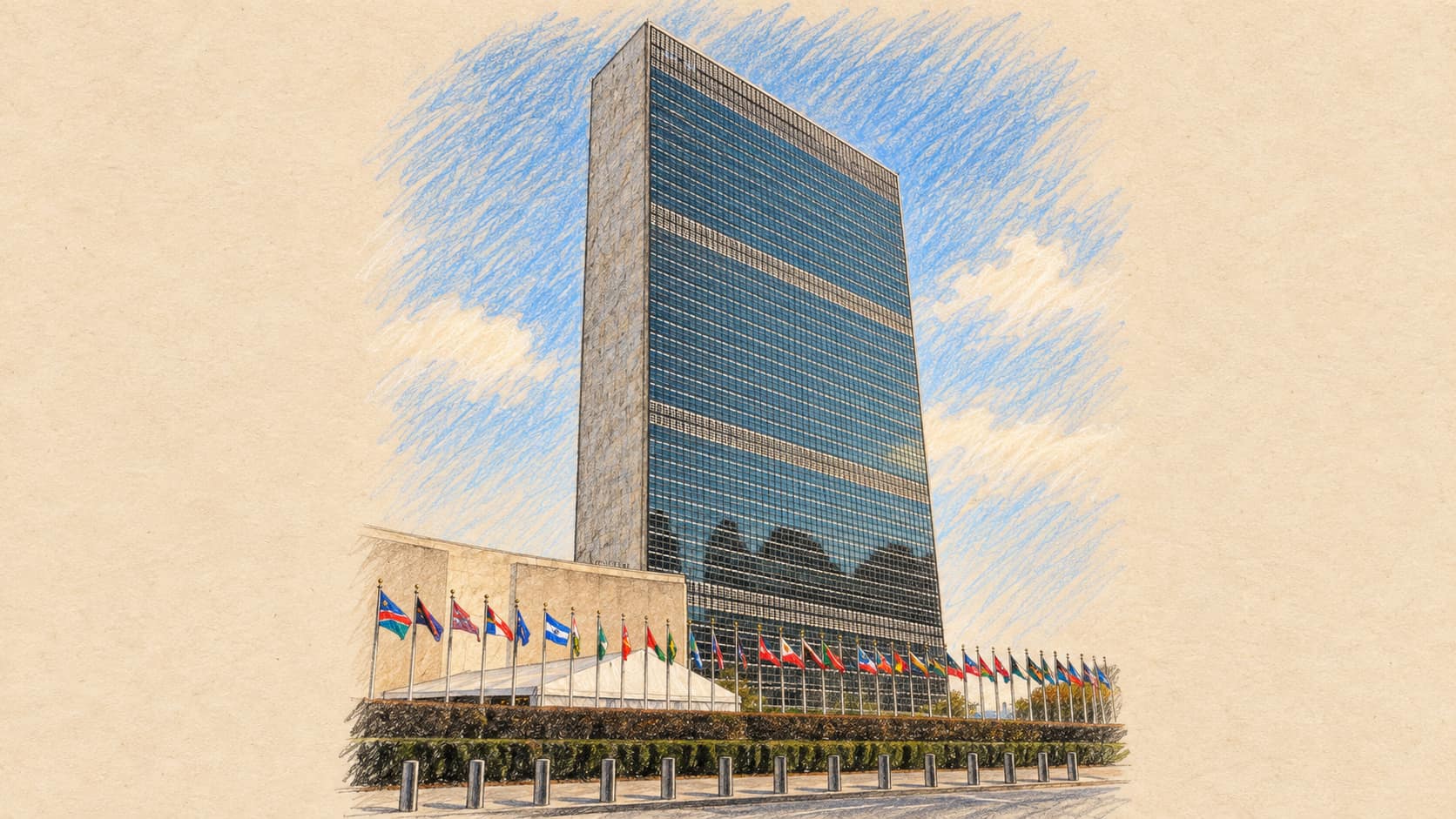 Courtroom-sketch editorial illustration of the United Nations Secretariat building in New York, based on a November 2015 photograph. Institutional context, not the South Sudan ambush.