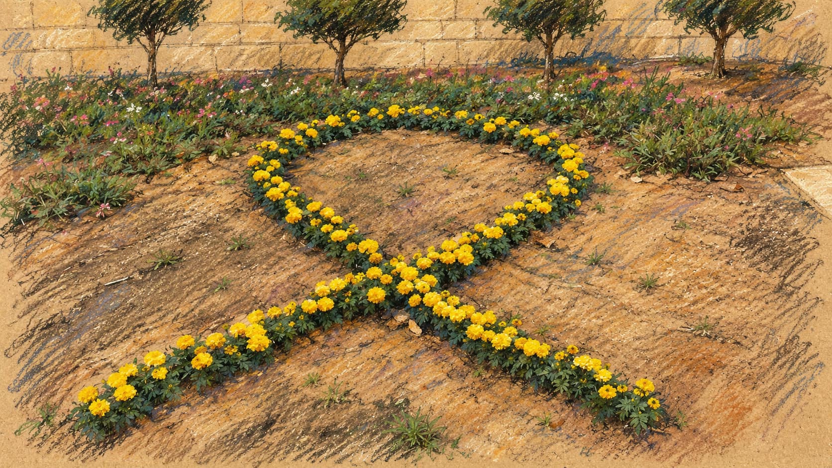 Courtroom-sketch editorial illustration of a yellow ribbon planted in marigolds in an Israeli flowerbed, the symbol of solidarity with the hostages held in Gaza; archival 2024 context, not the reported strike on the Hamas commander.
