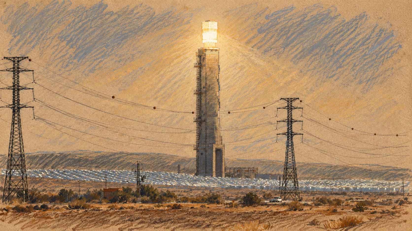 Courtroom-sketch editorial illustration of the Ashalim solar tower and pylons; contextual illustration, not the reported event.