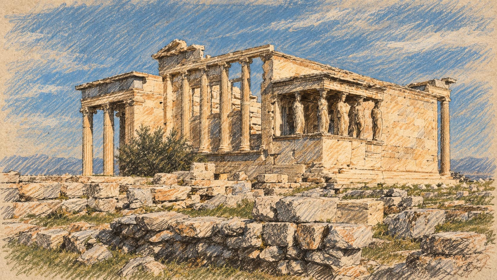 Courtroom-sketch editorial illustration of the Acropolis of Athens; contextual illustration, not the reported event.
