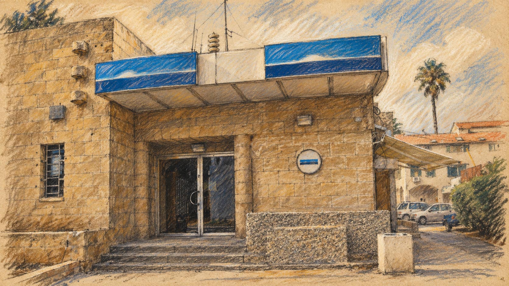Courtroom-sketch editorial illustration of a bank branch in Israel; contextual illustration, not the reported event.