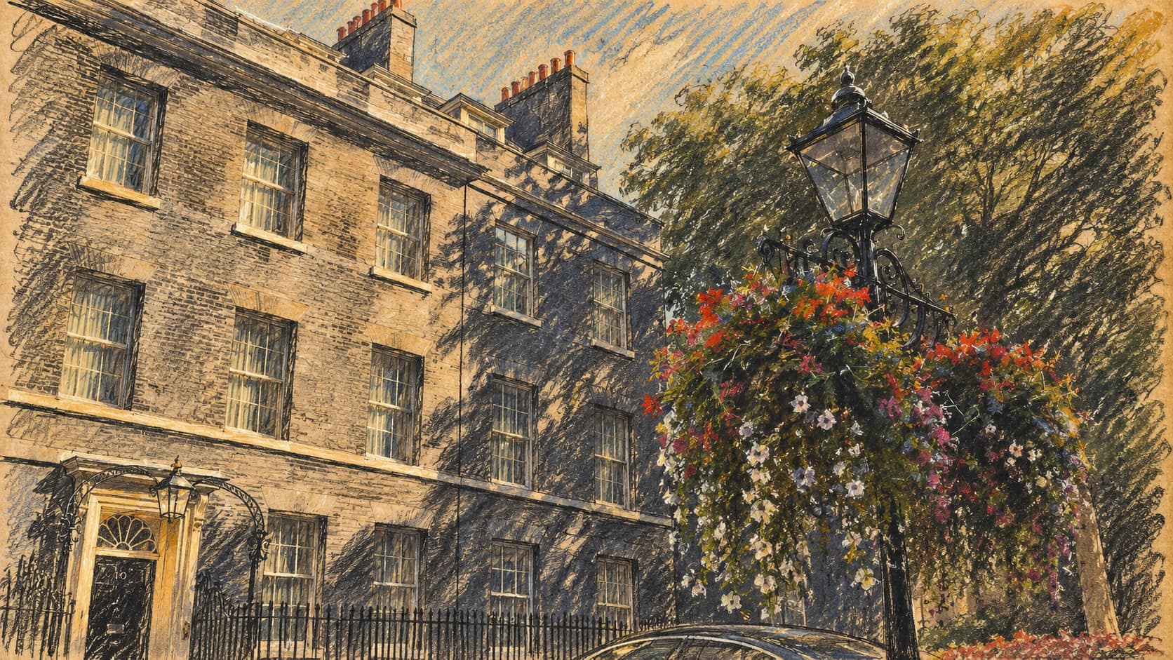 Courtroom-sketch editorial illustration of 10 Downing Street in London; contextual illustration, not the reported event.