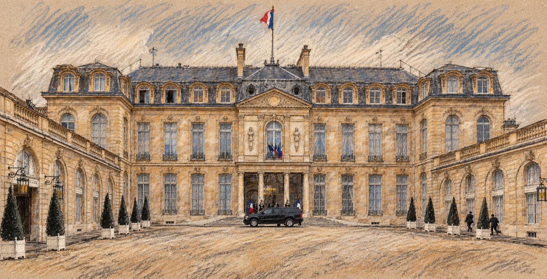 Courtroom-sketch editorial illustration of the Elysee Palace in Paris; contextual illustration, not the reported event.