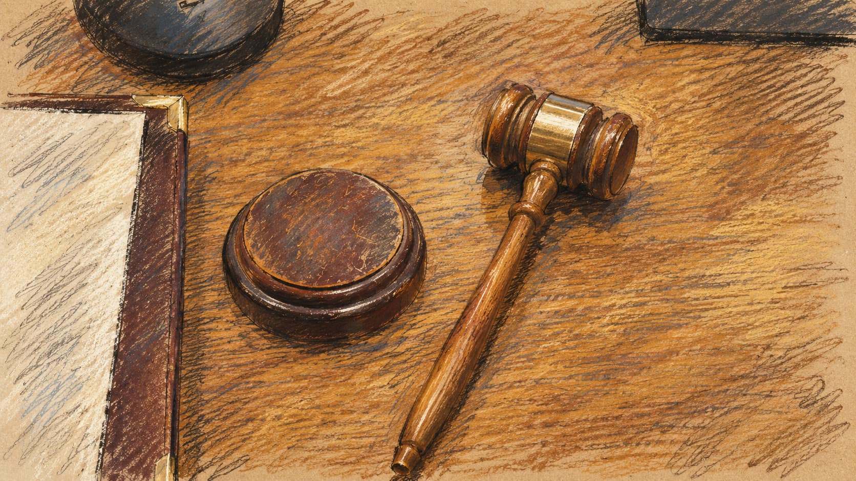 Courtroom-sketch editorial illustration of a gavel and sounding block; contextual illustration, not the reported event.