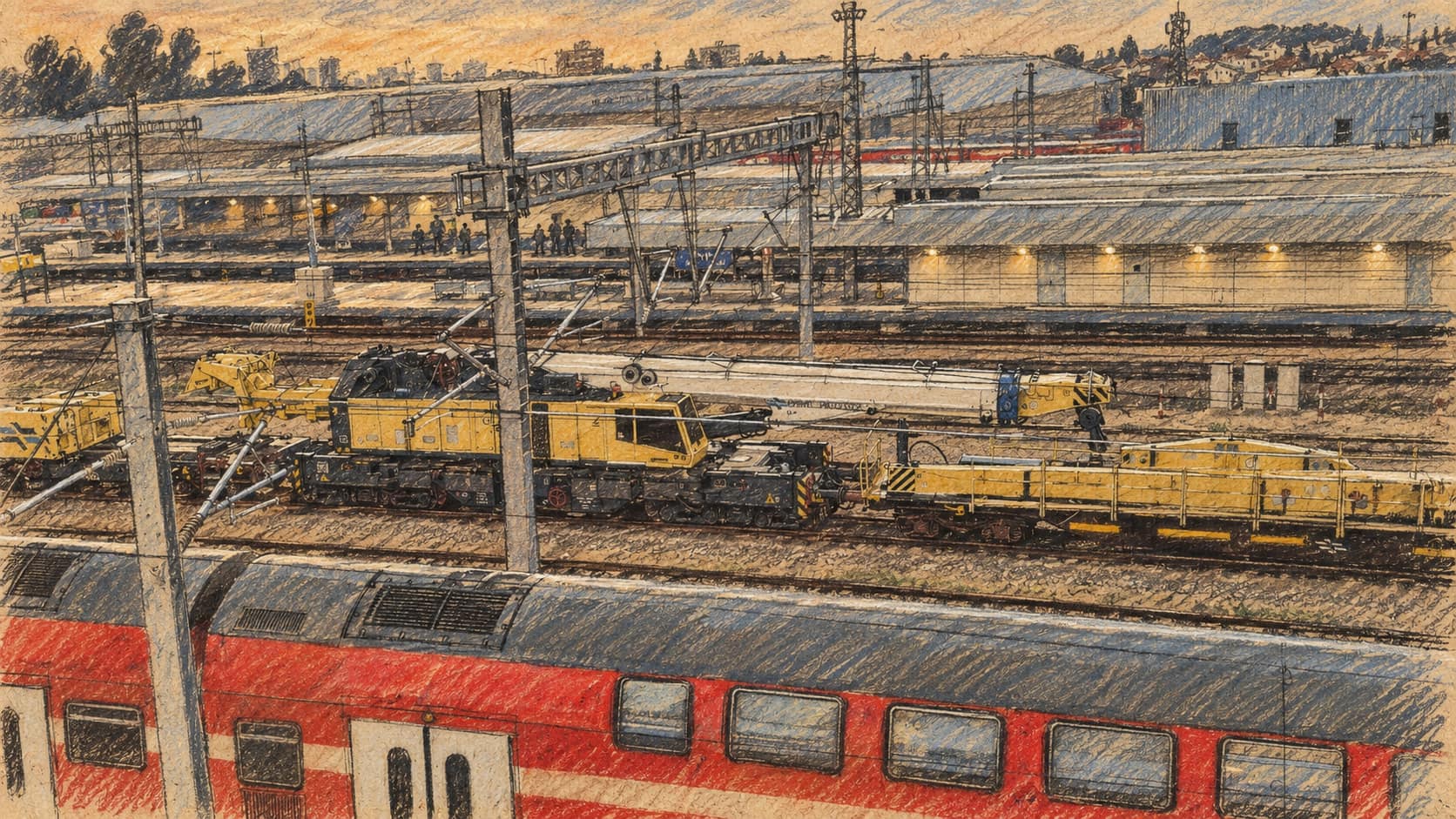 Courtroom-sketch editorial illustration of an Israel Railways train; contextual illustration, not the reported event.