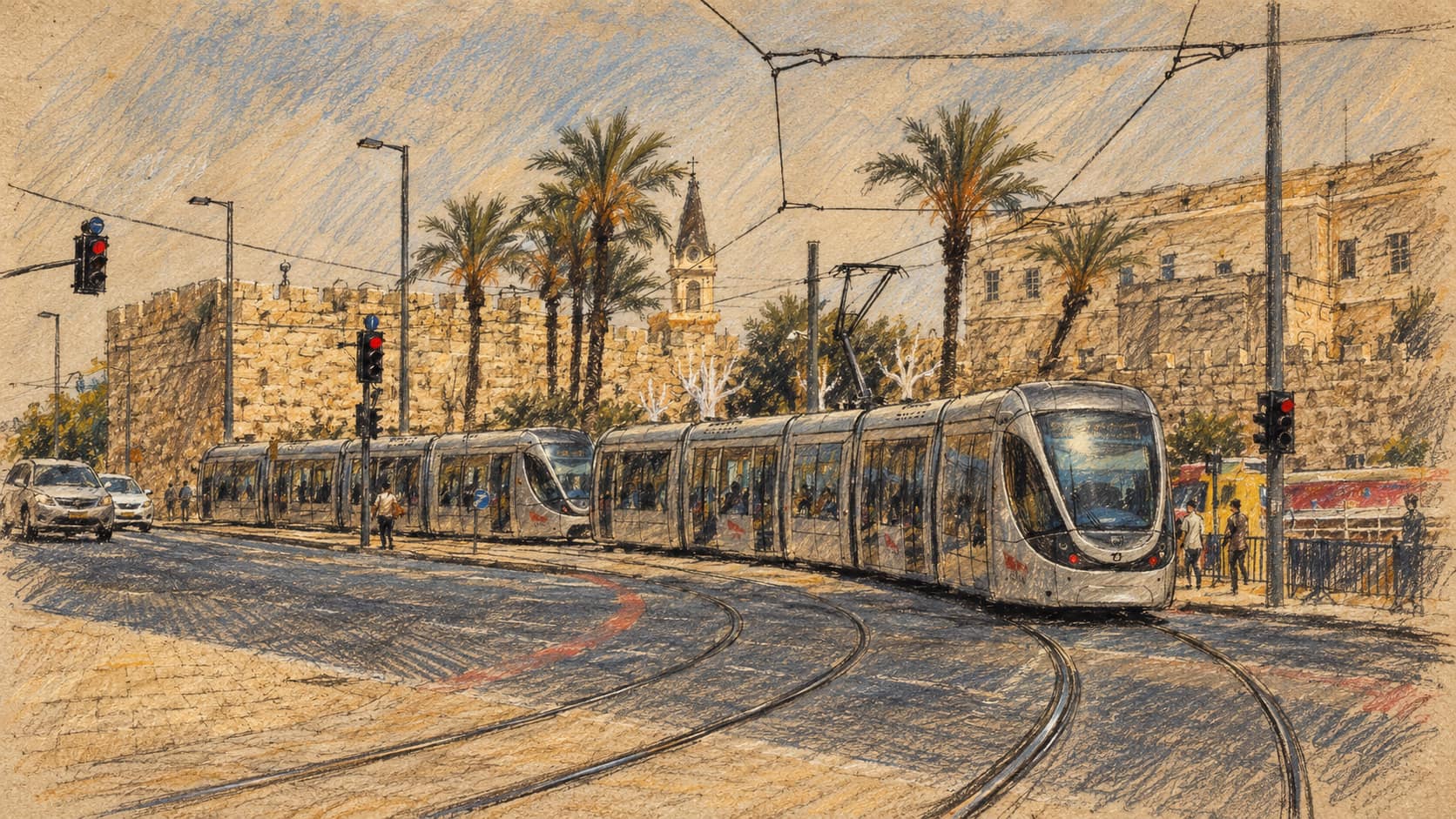 Courtroom-sketch editorial illustration of a Jerusalem light-rail tram; contextual illustration, not the reported event.
