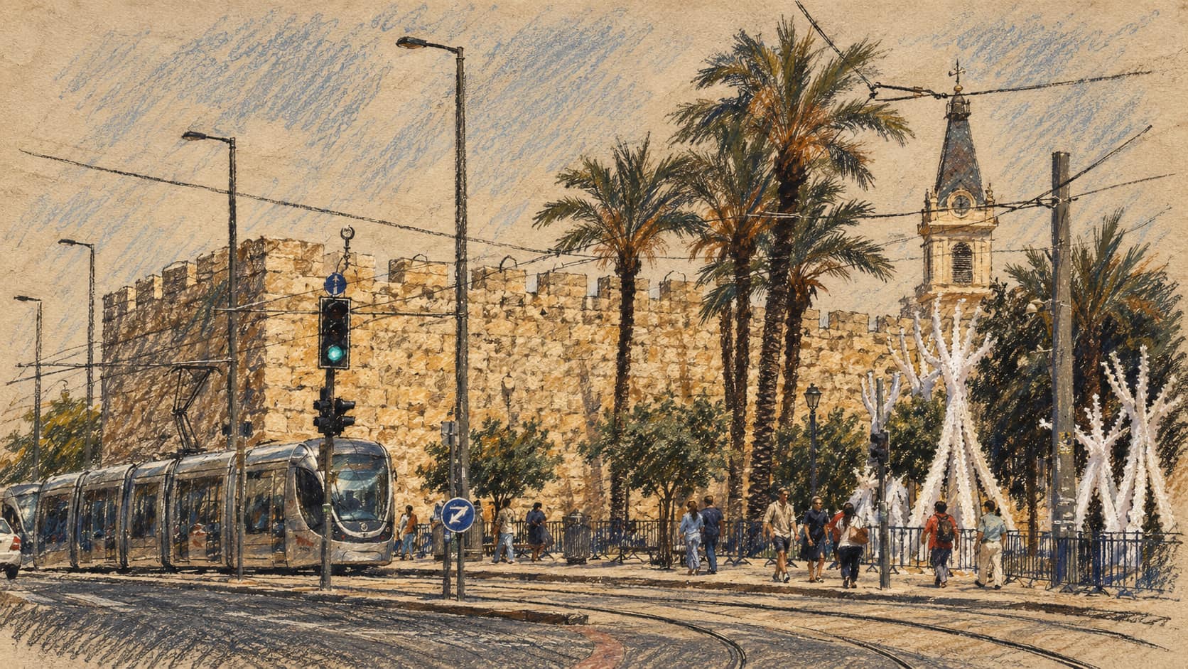 Courtroom-sketch editorial illustration of the Jerusalem light rail by the Old City walls; contextual illustration, not the reported event.