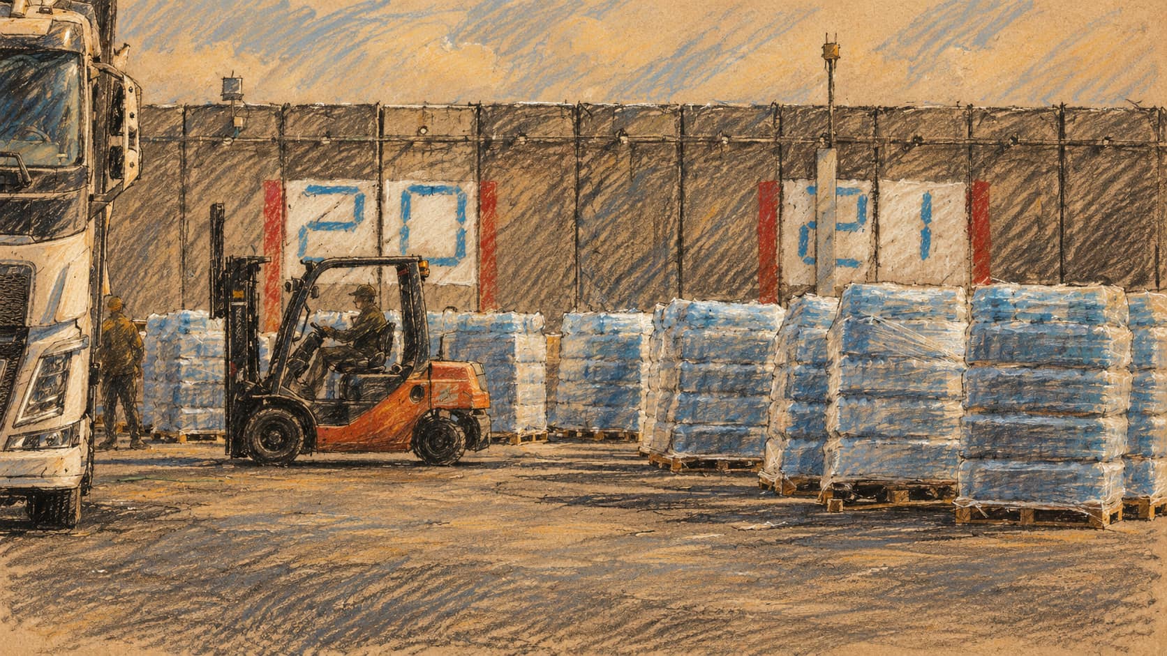 Courtroom-sketch editorial illustration of aid pallets at the Kerem Shalom crossing; contextual illustration, not the reported event.