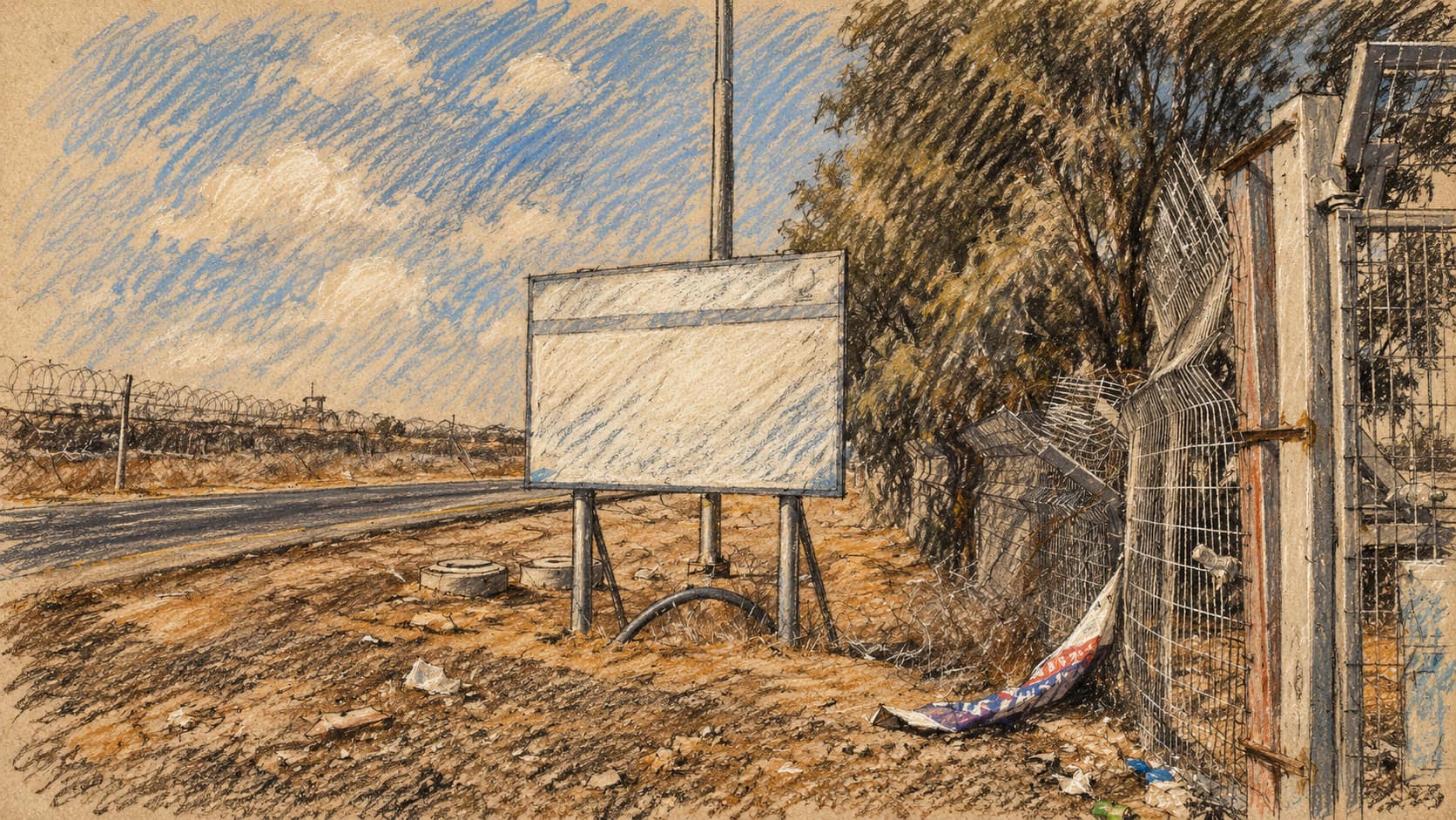Courtroom-sketch editorial illustration of the entrance of the Kerem Shalom crossing; contextual illustration, not the reported event.