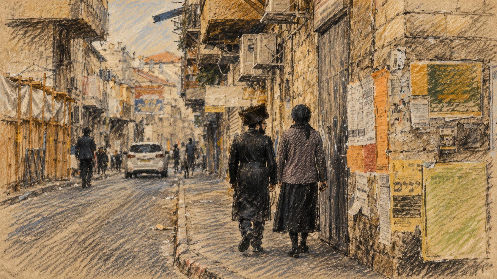Courtroom-sketch editorial illustration of a street in Mea Shearim; contextual illustration, not the reported event.
