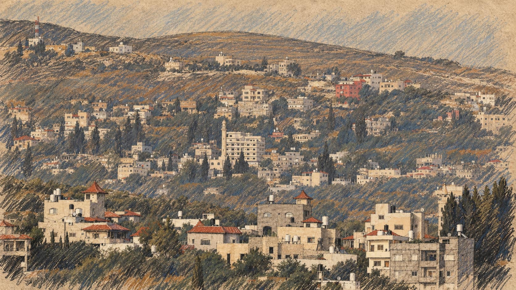Courtroom-sketch editorial illustration of a hillside town near Nablus; contextual illustration, not the reported event.