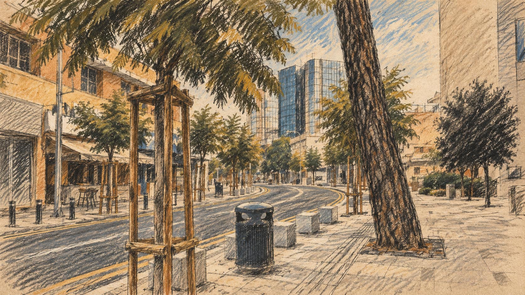 Courtroom-sketch editorial illustration of a street in Nicosia; contextual illustration, not the reported event.