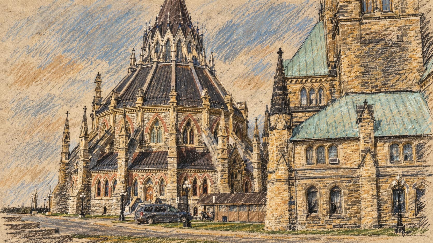 Courtroom-sketch editorial illustration of Parliament Hill in Ottawa; contextual illustration, not the reported event.