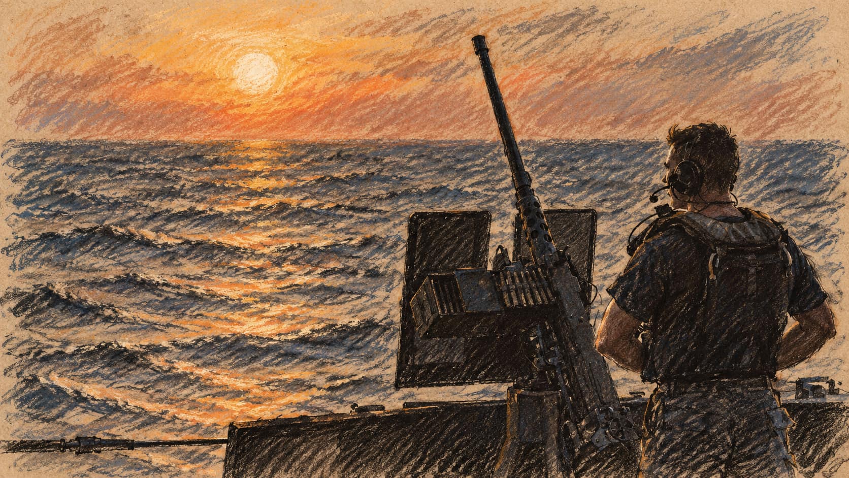 Courtroom-sketch editorial illustration of a sailor on watch in the Bab-el-Mandeb; contextual illustration, not the reported event.