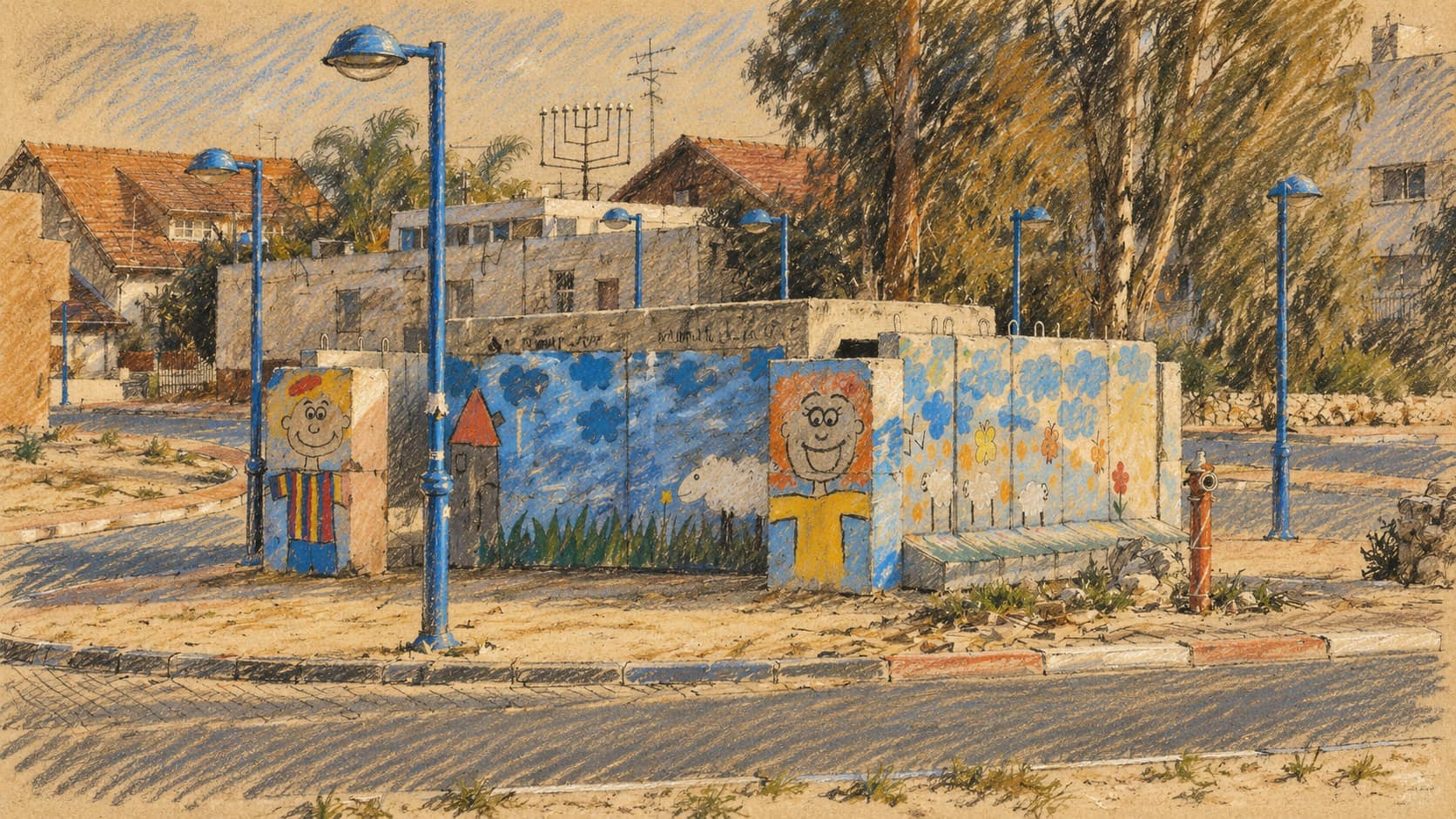 Courtroom-sketch editorial illustration of a public shelter in Sderot; contextual illustration, not the reported event.