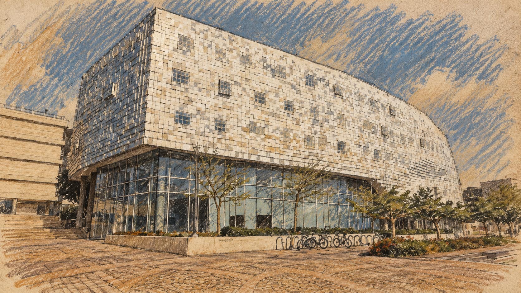 Courtroom-sketch editorial illustration of the Check Point building at Tel Aviv University; contextual illustration, not the reported event.