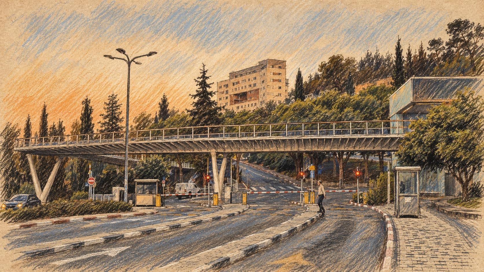 Courtroom-sketch editorial illustration of the Technion's central gate bridge; contextual illustration, not the reported event.