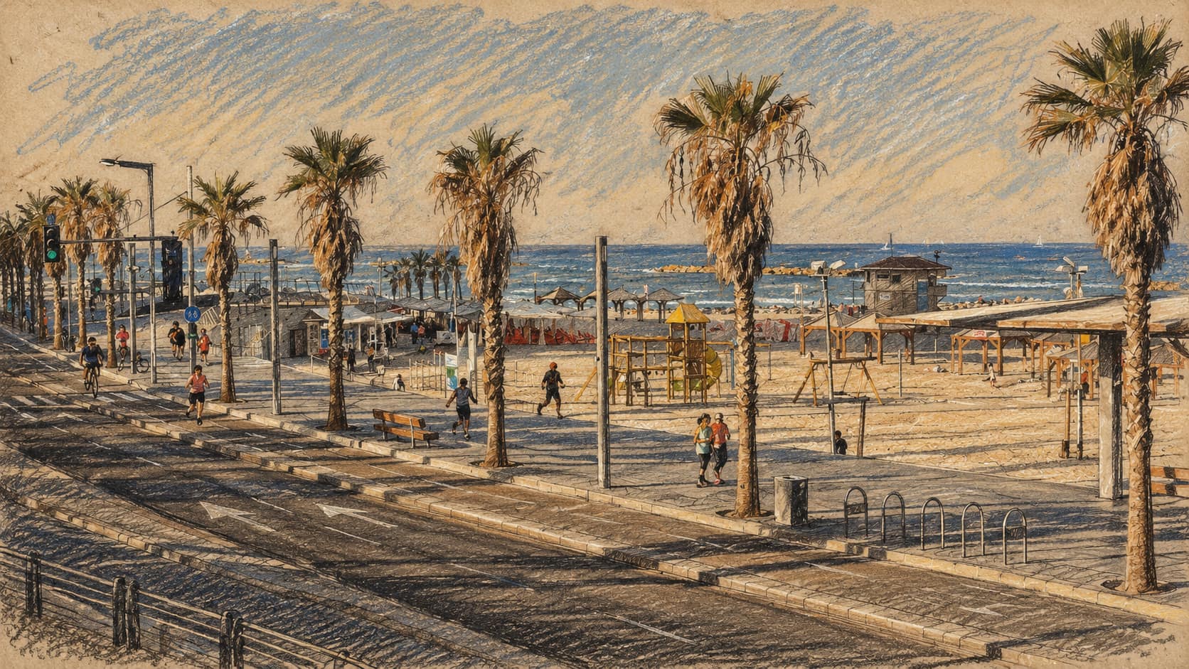 Courtroom-sketch editorial illustration of the Tel Aviv promenade; contextual illustration, not the reported event.