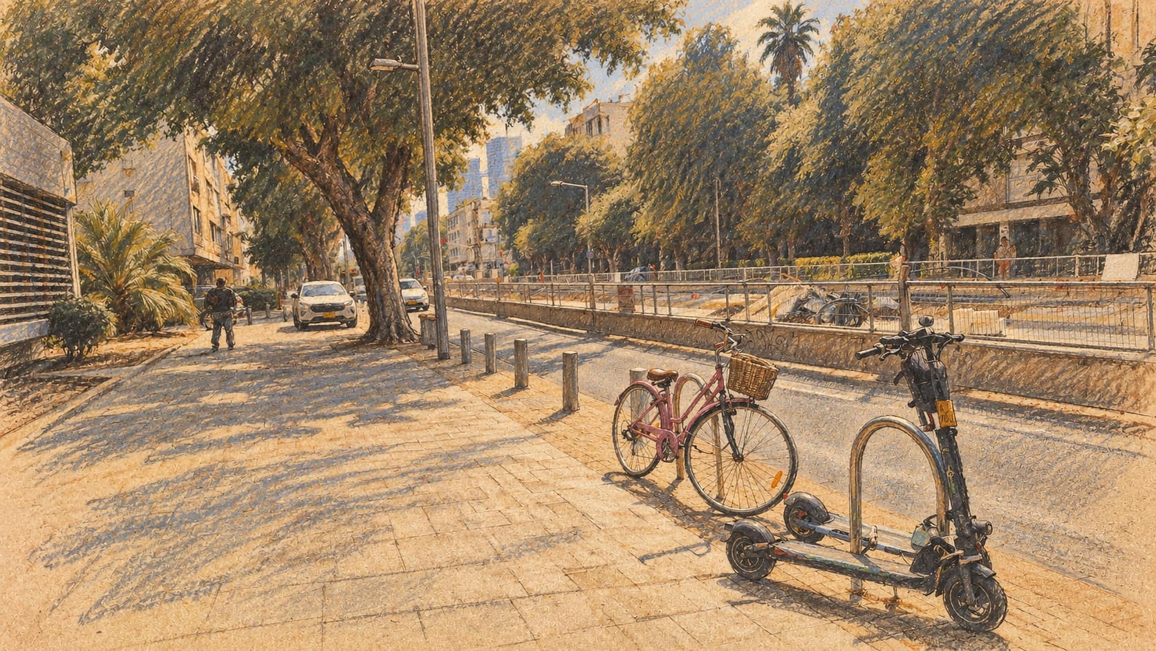 Courtroom-sketch editorial illustration of a Tel Aviv pavement; contextual illustration, not the reported event.