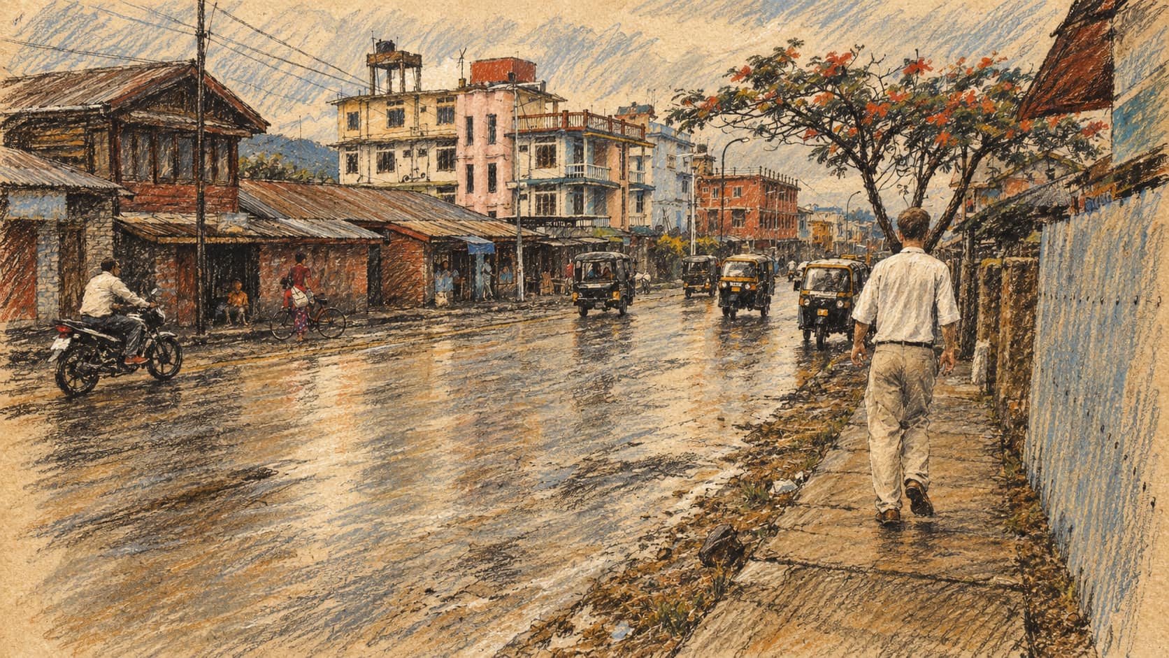 Courtroom-sketch editorial illustration of a street in Lamka, Churachandpur, Manipur, home town of many Bnei Menashe, in June 2016; contextual illustration, not the reported arrival flights.