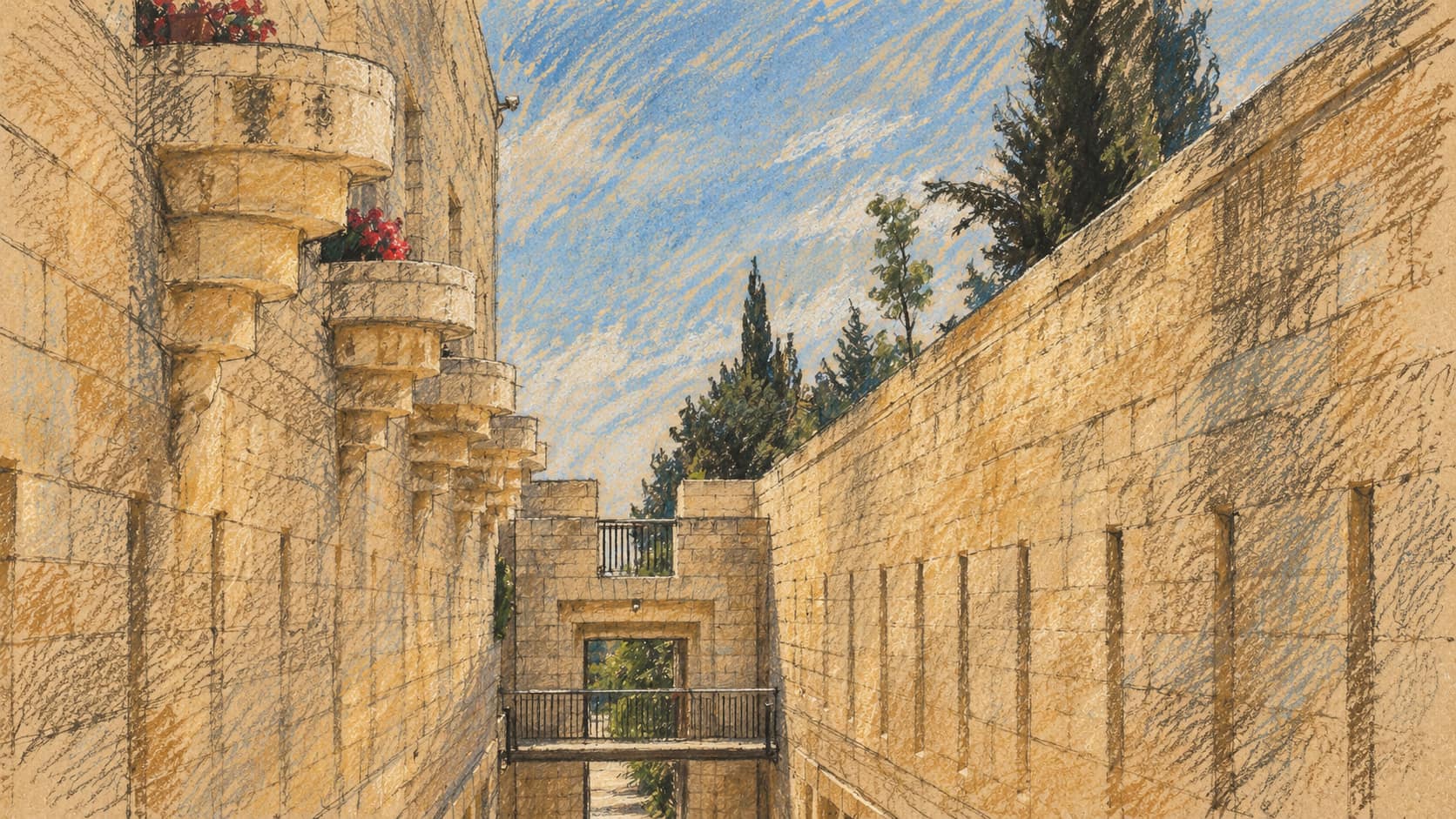 Courtroom-sketch editorial illustration of a stone passage along the Supreme Court building in Jerusalem, about 2014; contextual illustration of the court whose ratification role the bill would remove, not the reported vote.