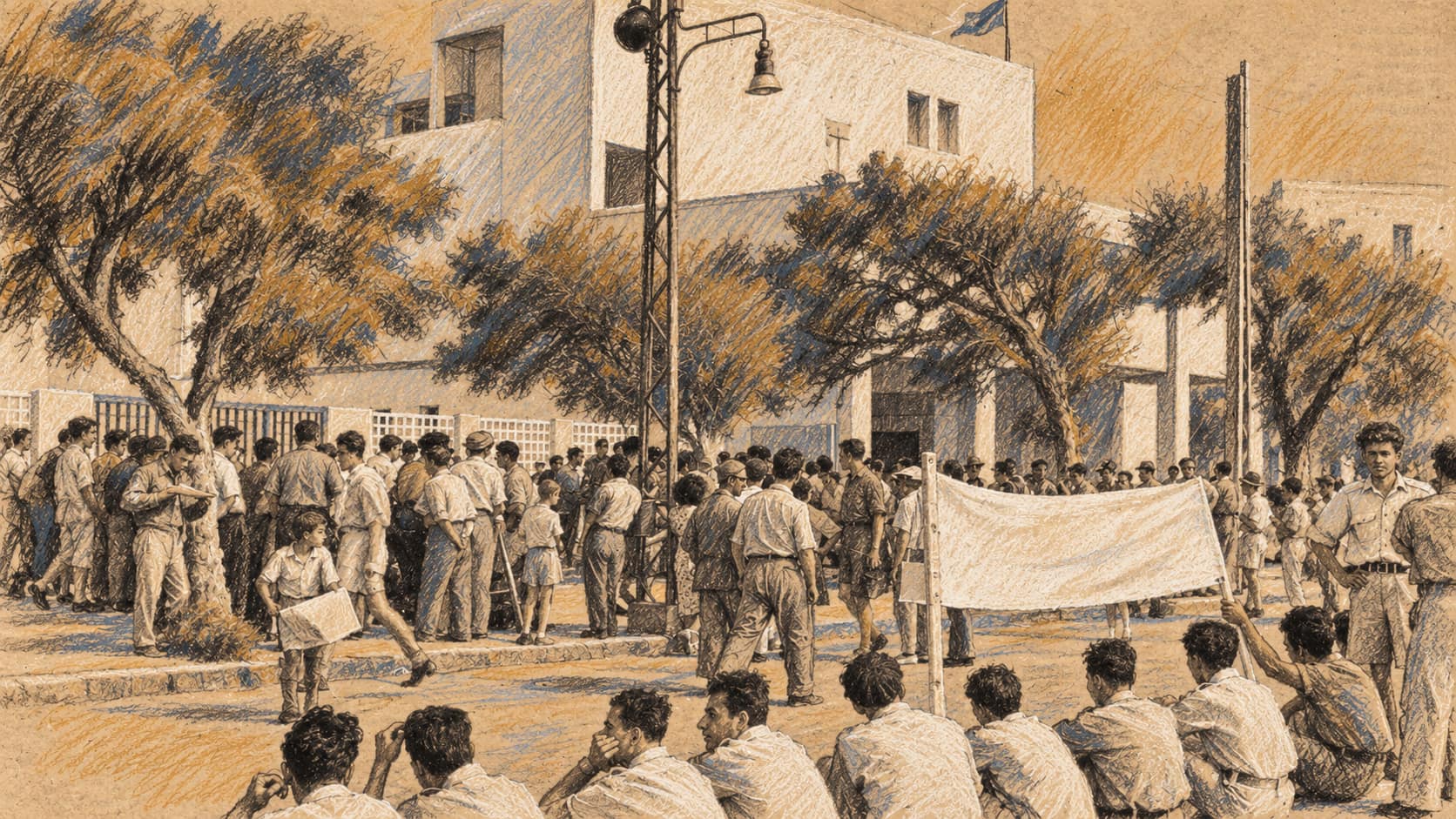 Courtroom-sketch editorial illustration of demobilised soldiers demonstrating outside the Knesset's Tel Aviv building in 1949; archival context of protest at the parliament, not the reported dissolution vote.