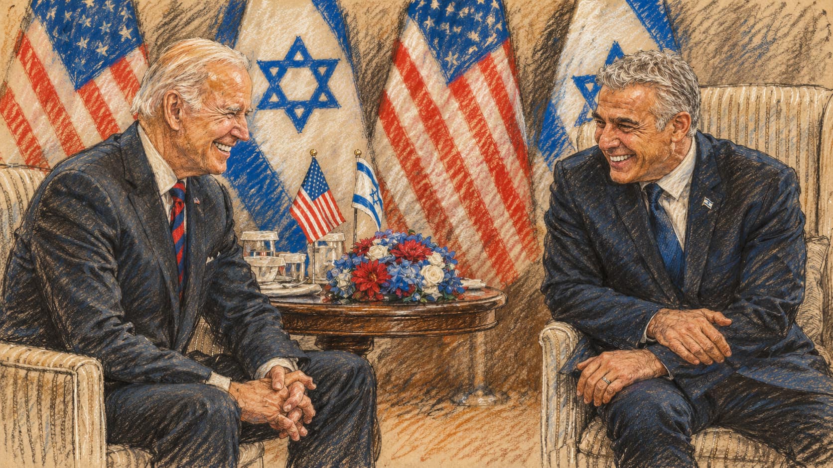 Courtroom-sketch editorial illustration of Yesh Atid leader Yair Lapid, then prime minister, laughing with U.S. President Joe Biden in Jerusalem in July 2022; archival context of the party leader, not the reported slate announcement.