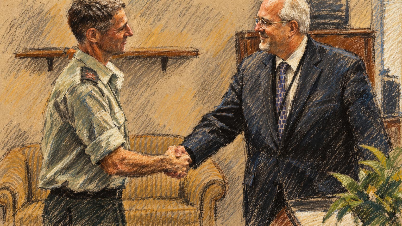 Courtroom-sketch editorial illustration of Yair Golan in uniform as head of the IDF Home Front Command greeting FEMA Administrator Craig Fugate in Washington in June 2009; archival context of the Democrats leader, not the reported merger vote.