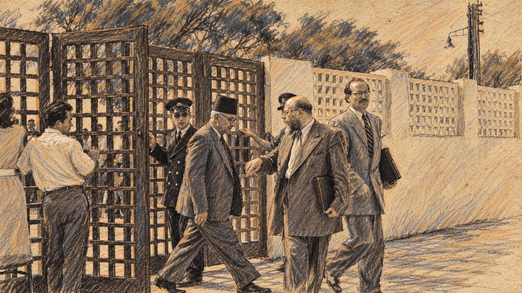 Courtroom-sketch editorial illustration of Knesset members passing through the gate of the parliament's Tel Aviv building in 1949; archival context of the Knesset, not the reported first-reading vote.