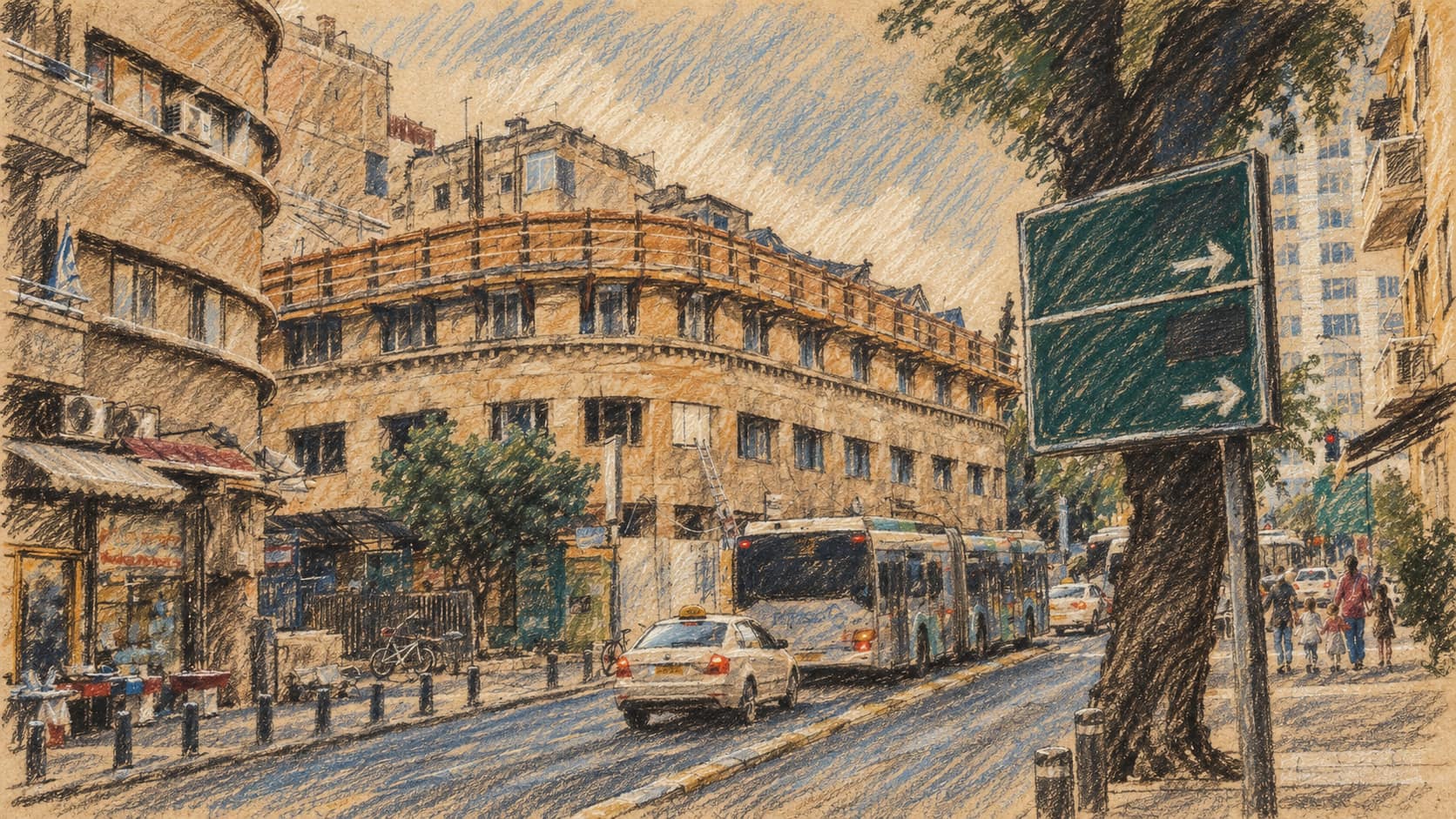 Courtroom-sketch editorial illustration of Frumin House on King George Street in Jerusalem, the Knesset's home from 1950 to 1966, seen in June 2023; archival context of the parliament, not the reported preliminary vote.