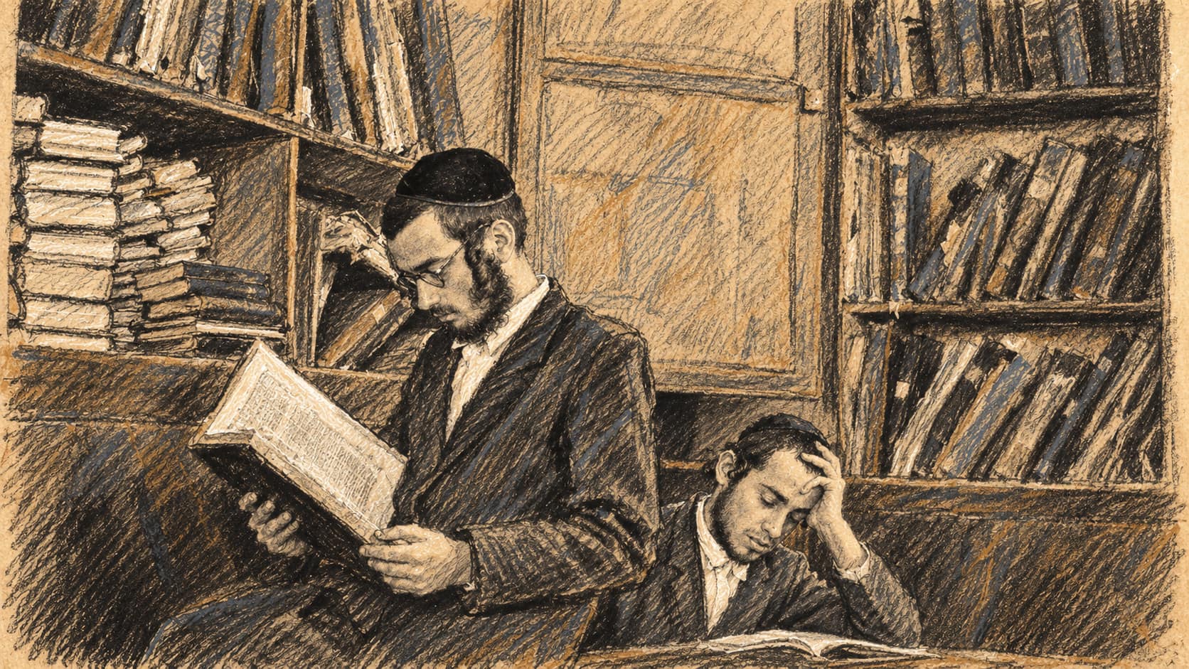 Courtroom-sketch editorial illustration of yeshiva students studying among bookshelves in Mea Shearim, Jerusalem, in 1948; archival context of Torah study, not the reported preliminary vote.
