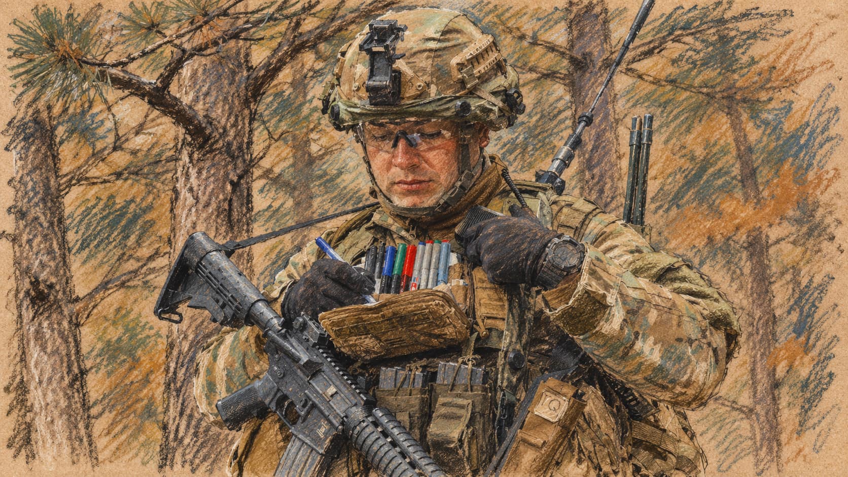 Courtroom-sketch editorial illustration of a Georgian army soldier taking notes during a U.S.-assisted training exercise at Vaziani, Georgia, in November 2018; archival context for Georgia's prospective Gaza stabilization-force troops, not the reported talks.