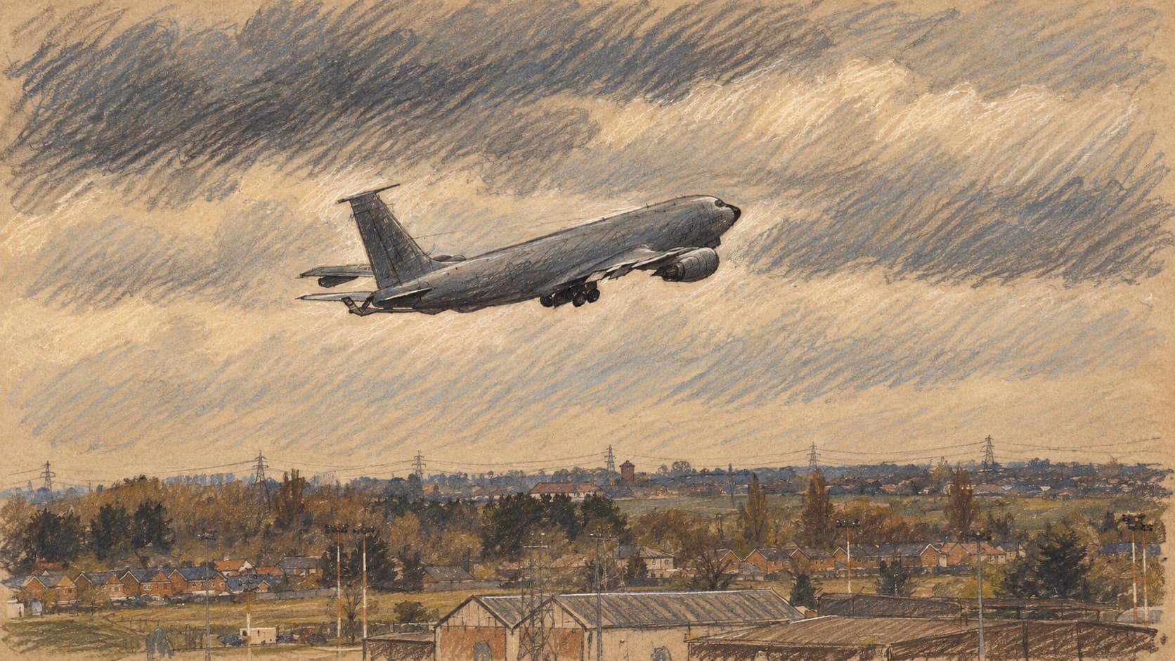 Courtroom-sketch editorial illustration of a U.S. Air Force KC-135 Stratotanker climbing out after takeoff from RAF Mildenhall in April 2021; archival context of the aircraft type, not the reported relocation deal.