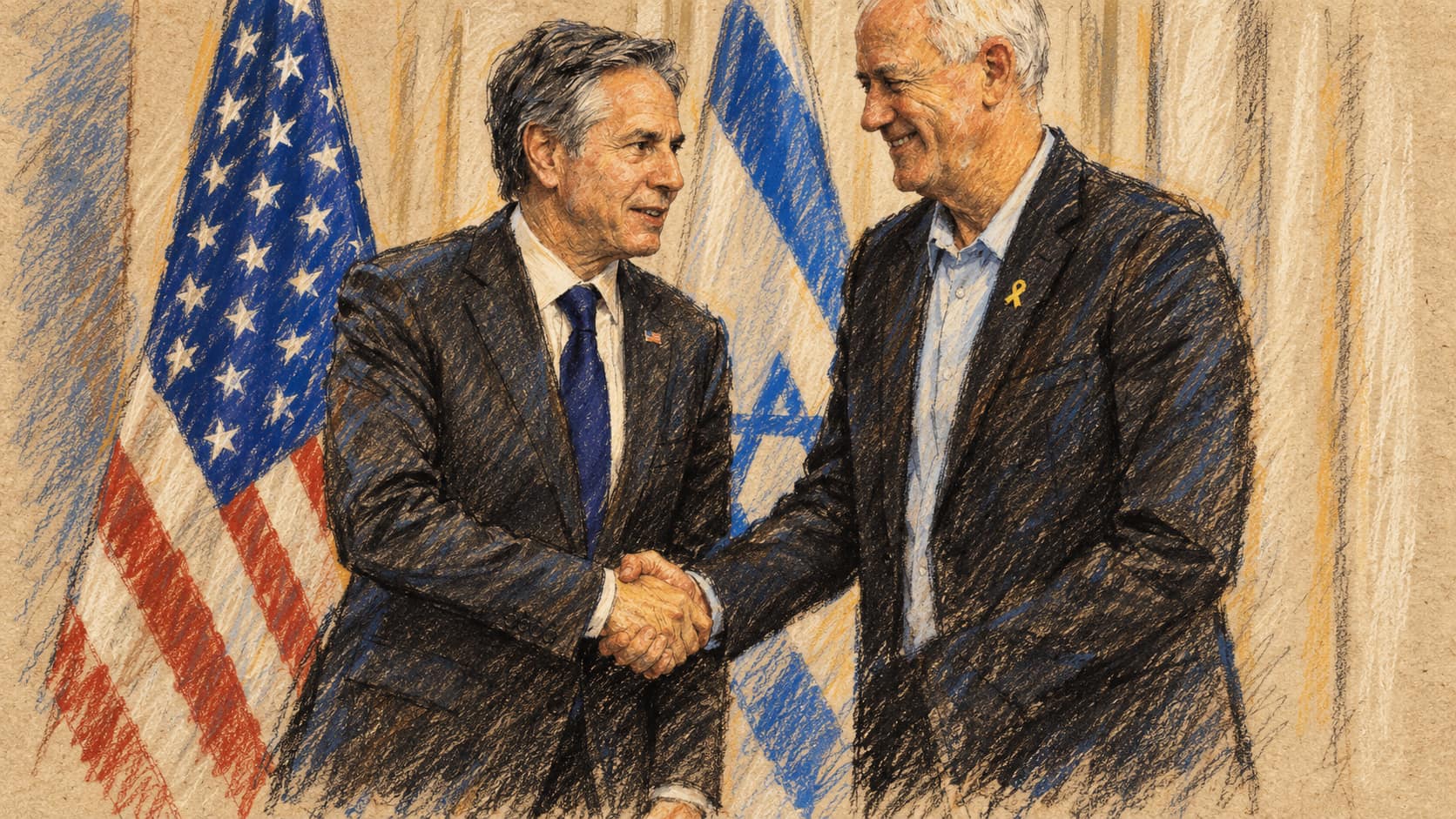 Courtroom-sketch editorial illustration of Blue and White leader Benny Gantz shaking hands with U.S. Secretary of State Antony Blinken in Tel Aviv in March 2024; archival context of the alliance's senior partner, not the reported merger announcement.