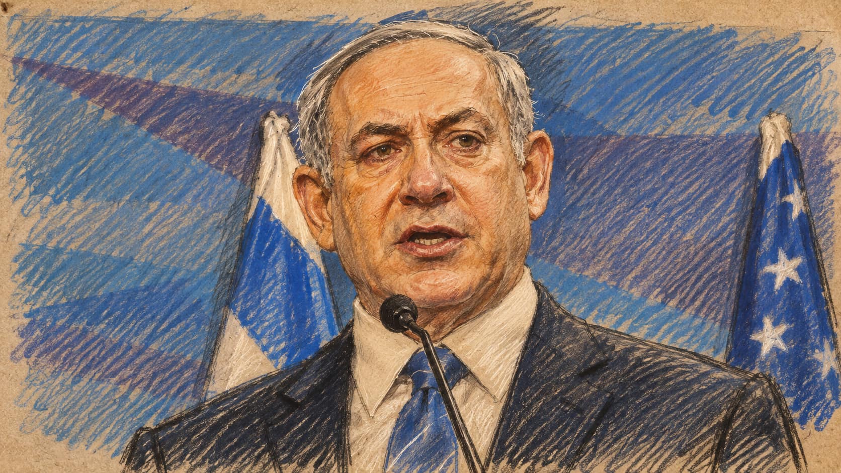 Courtroom-sketch editorial illustration of Prime Minister Benjamin Netanyahu making a statement to reporters at the Prime Minister's Office in Jerusalem in November 2015; archival context, not the reported court hearing.