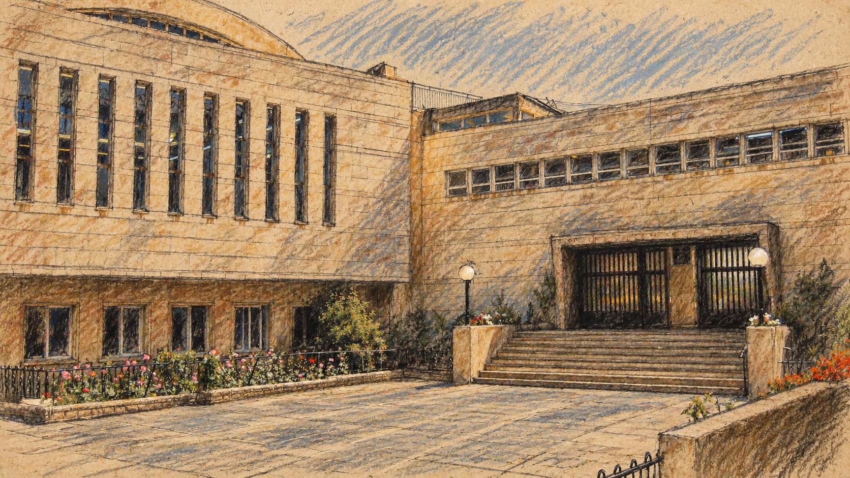 Courtroom-sketch editorial illustration of the Kol Torah yeshiva study hall and entrance in Jerusalem in July 2006; contextual illustration of a yeshiva, not the reported committee vote.