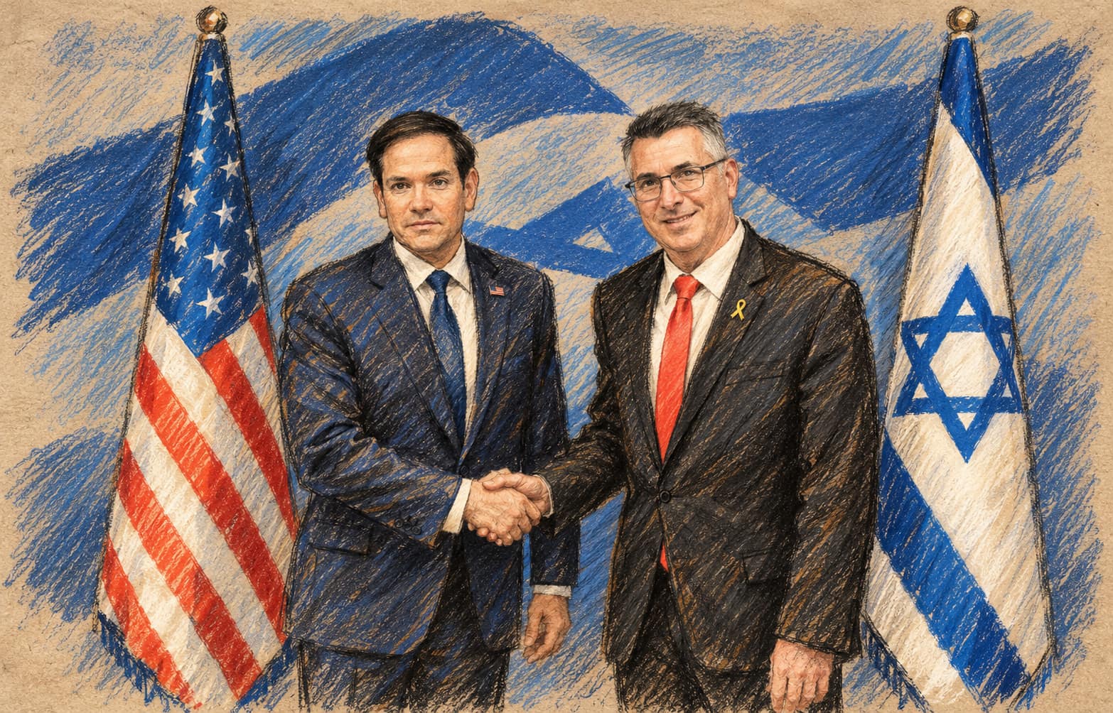 Courtroom-sketch editorial illustration of Foreign Minister Gideon Sa'ar shaking hands with U.S. Secretary of State Marco Rubio in Jerusalem in February 2025; archival context of the minister, not the reported Venezuela announcement.