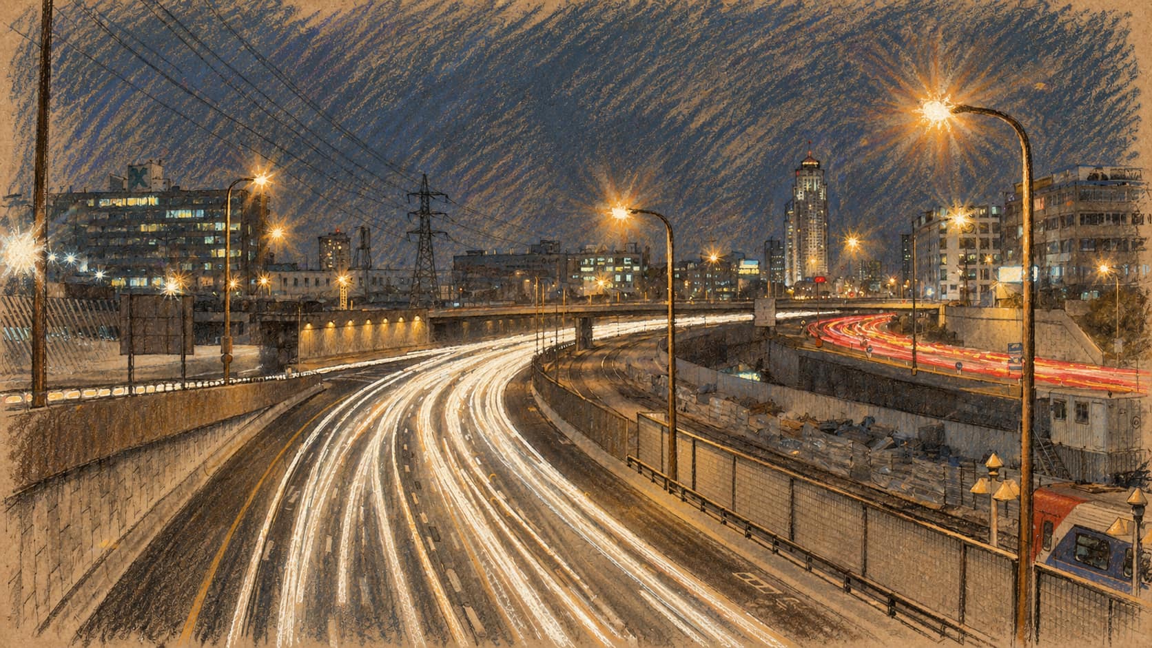 Courtroom-sketch editorial illustration of the Ayalon Highway in Tel Aviv at night with streaking traffic lights; contextual image of the place, not the reported protest blockade.