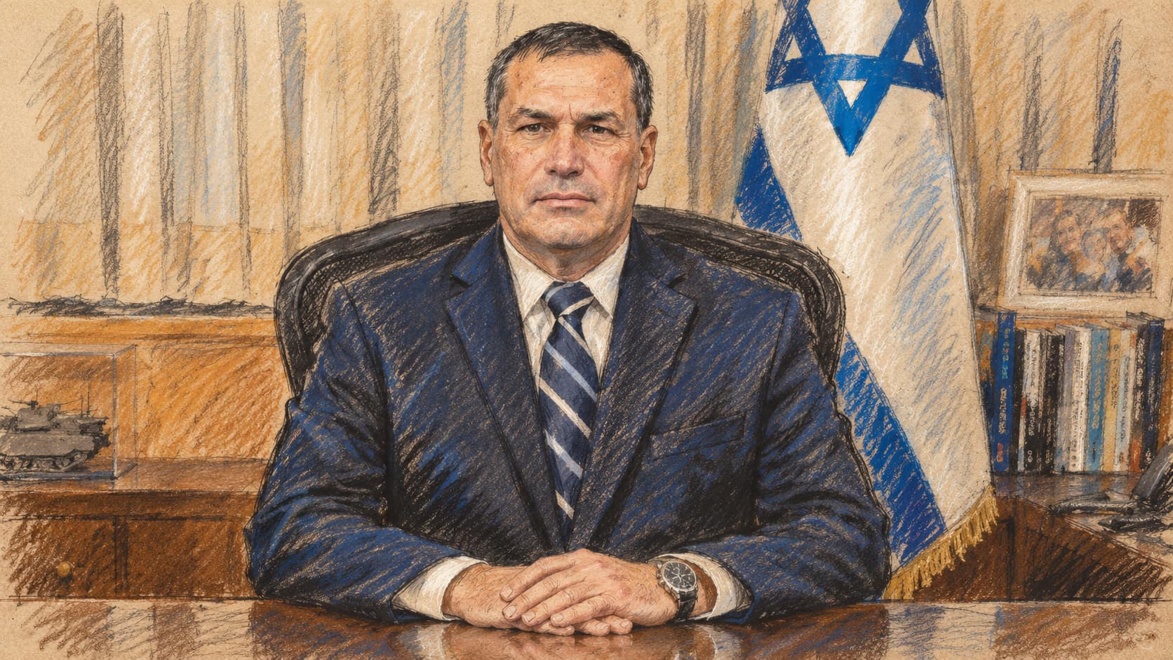 Courtroom-sketch editorial illustration of Eyal Zamir seated at his desk as Defense Ministry director-general in March 2022; archival context of the chief of staff, not the reported General Staff remarks.