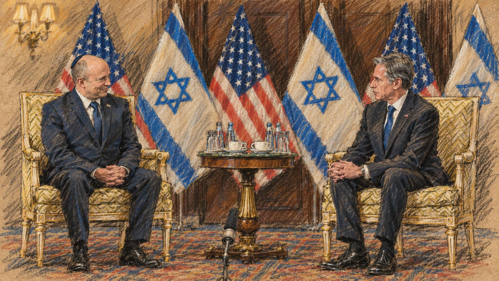 Courtroom-sketch editorial illustration of Naftali Bennett, then prime minister, seated with U.S. Secretary of State Antony Blinken in Washington in August 2021; archival context of the Beyachad leader, not the reported interview.