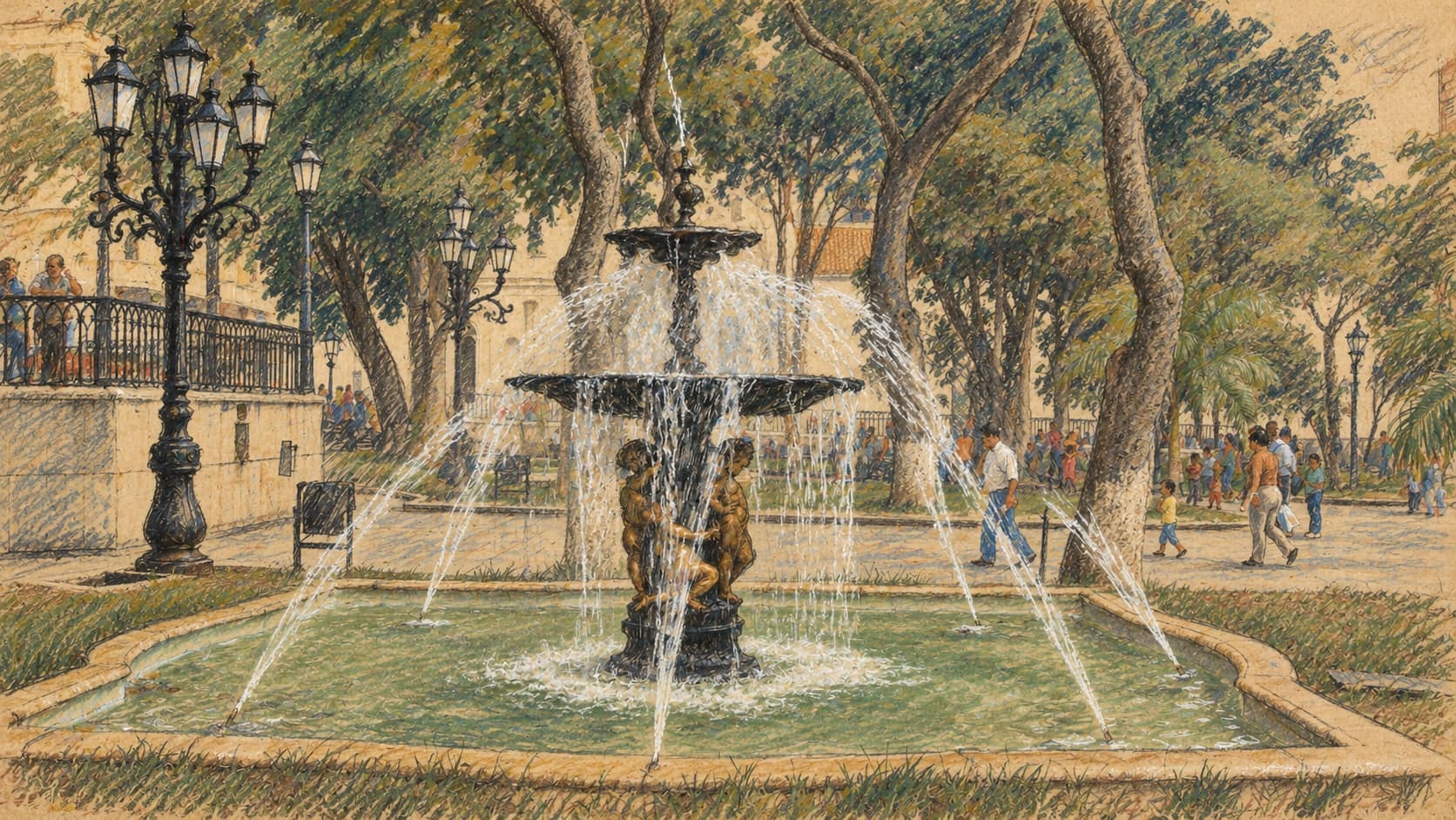 Courtroom-sketch editorial illustration of the fountain in Plaza Bolivar, the square of central Caracas on which Venezuela's Foreign Ministry stands, photographed in September 2007; contextual illustration, not the reported phone contact.