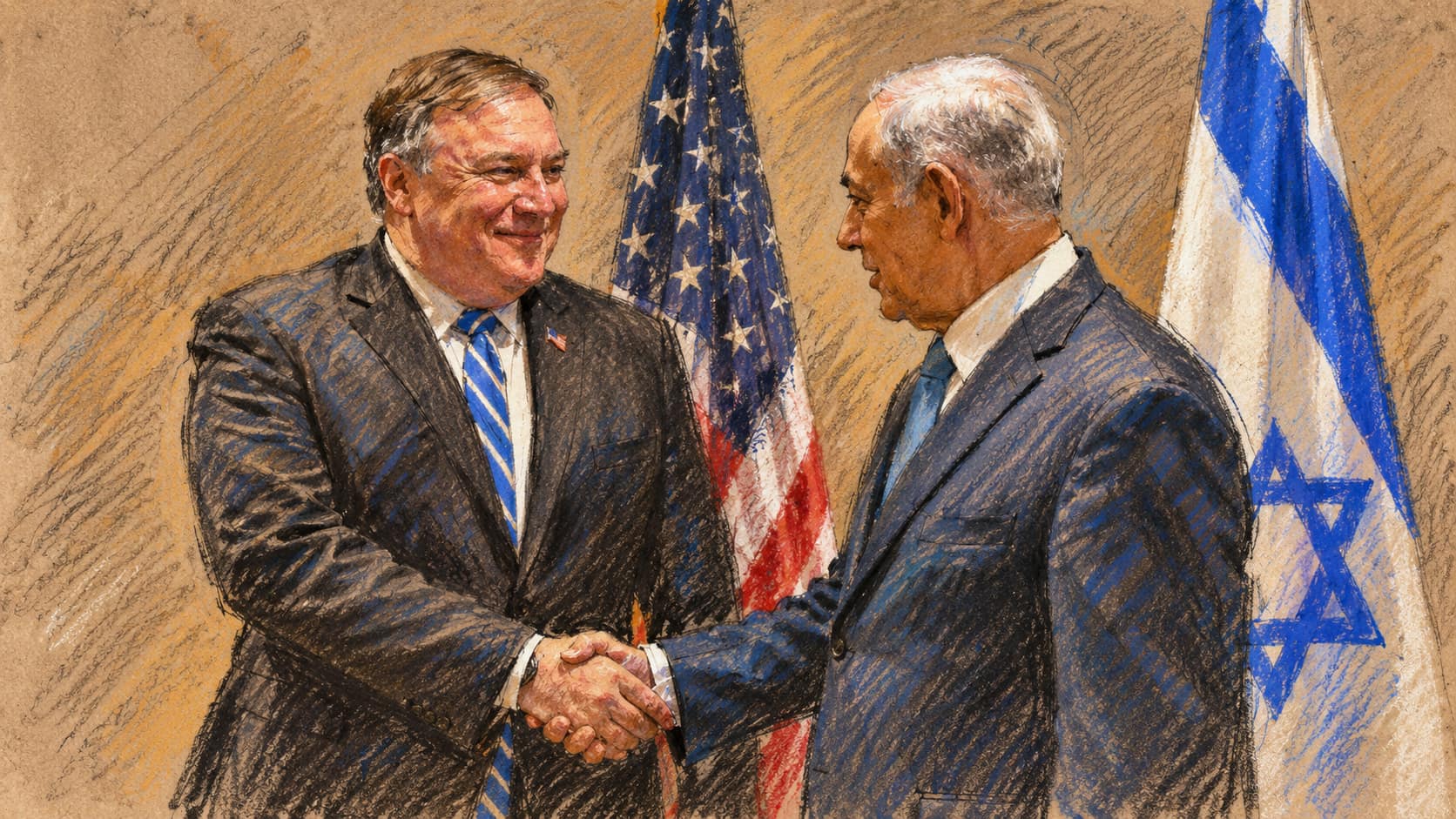 Courtroom-sketch editorial illustration of Benjamin Netanyahu shaking hands with U.S. Secretary of State Mike Pompeo at the United Nations in New York in September 2018; archival context of an earlier UN visit, not the reported 2026 trip.